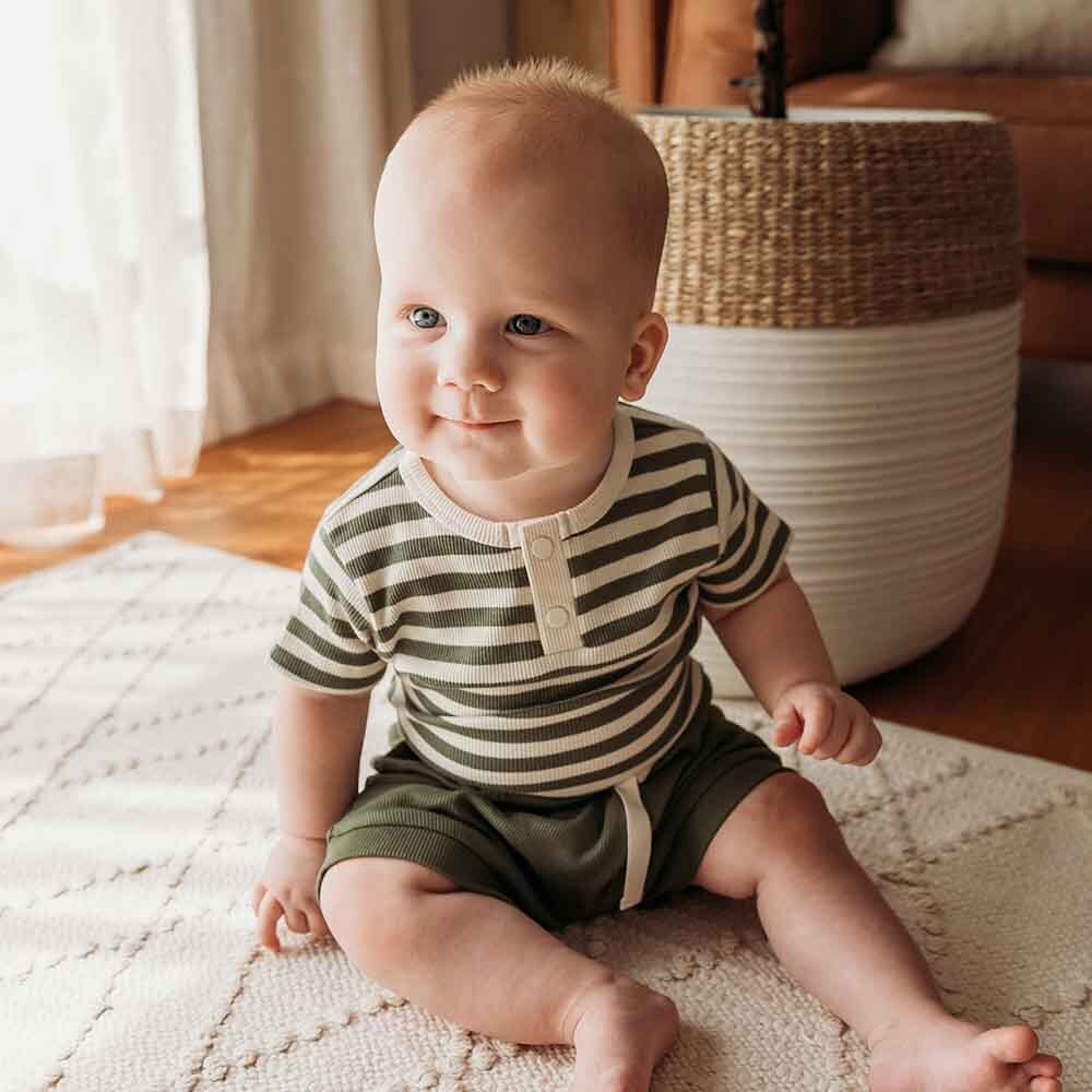 Olive Stripe Short Sleeve Organic Bodysuit - View 3