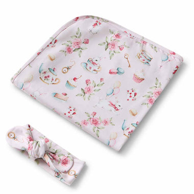 Alices Tea Party Organic Jersey Wrap and Topknot | Snuggle Hunny