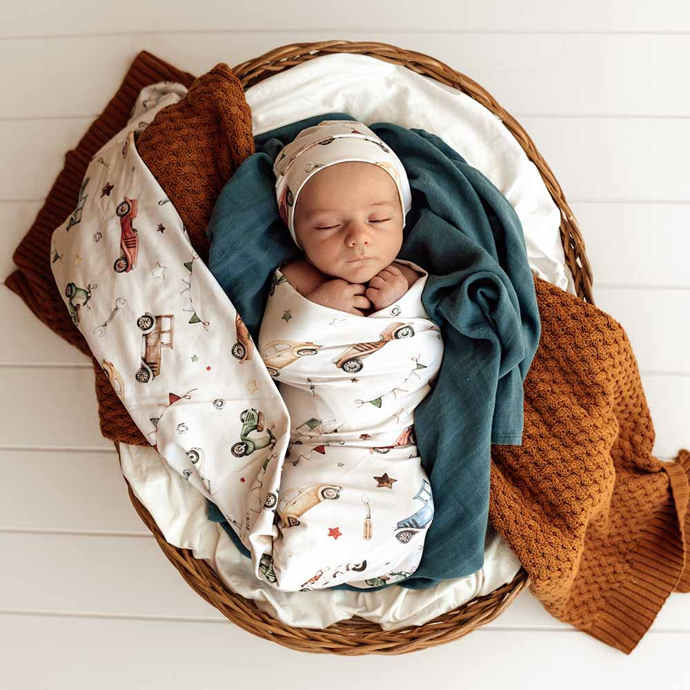 Vintage Cars Organic Jersey Wrap & Beanie Set - View 3