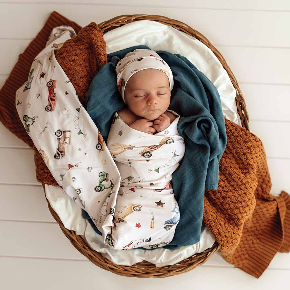 Vintage Cars Organic Jersey Wrap & Beanie Set - View 1