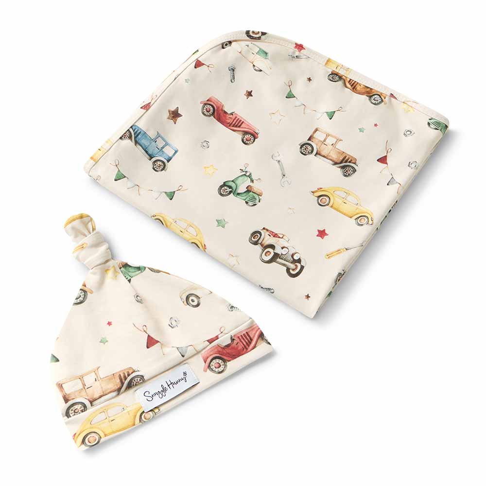 Vintage Cars Organic Jersey Wrap & Beanie Set - View 2