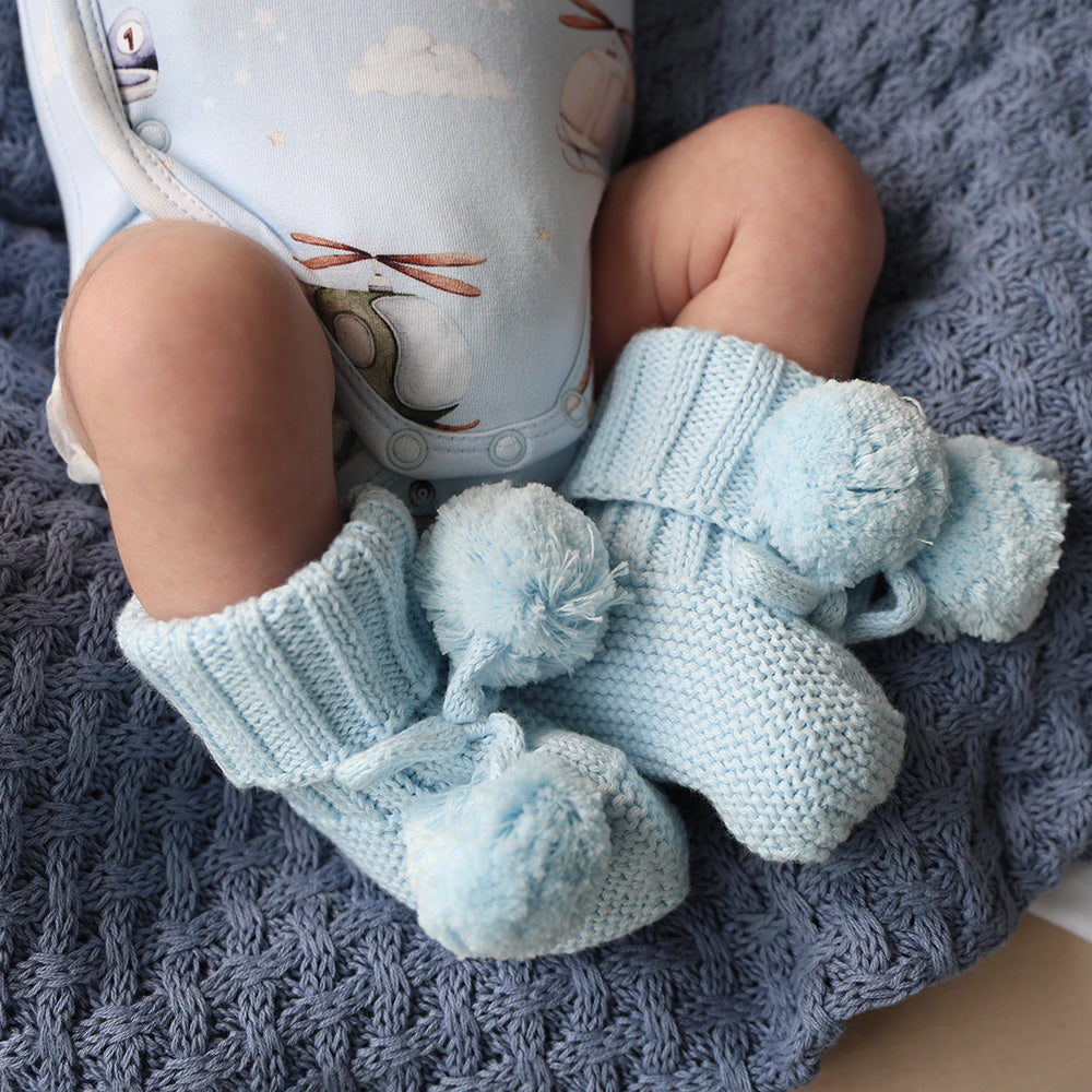 Baby Blue Organic Cotton Knit Booties - View 1