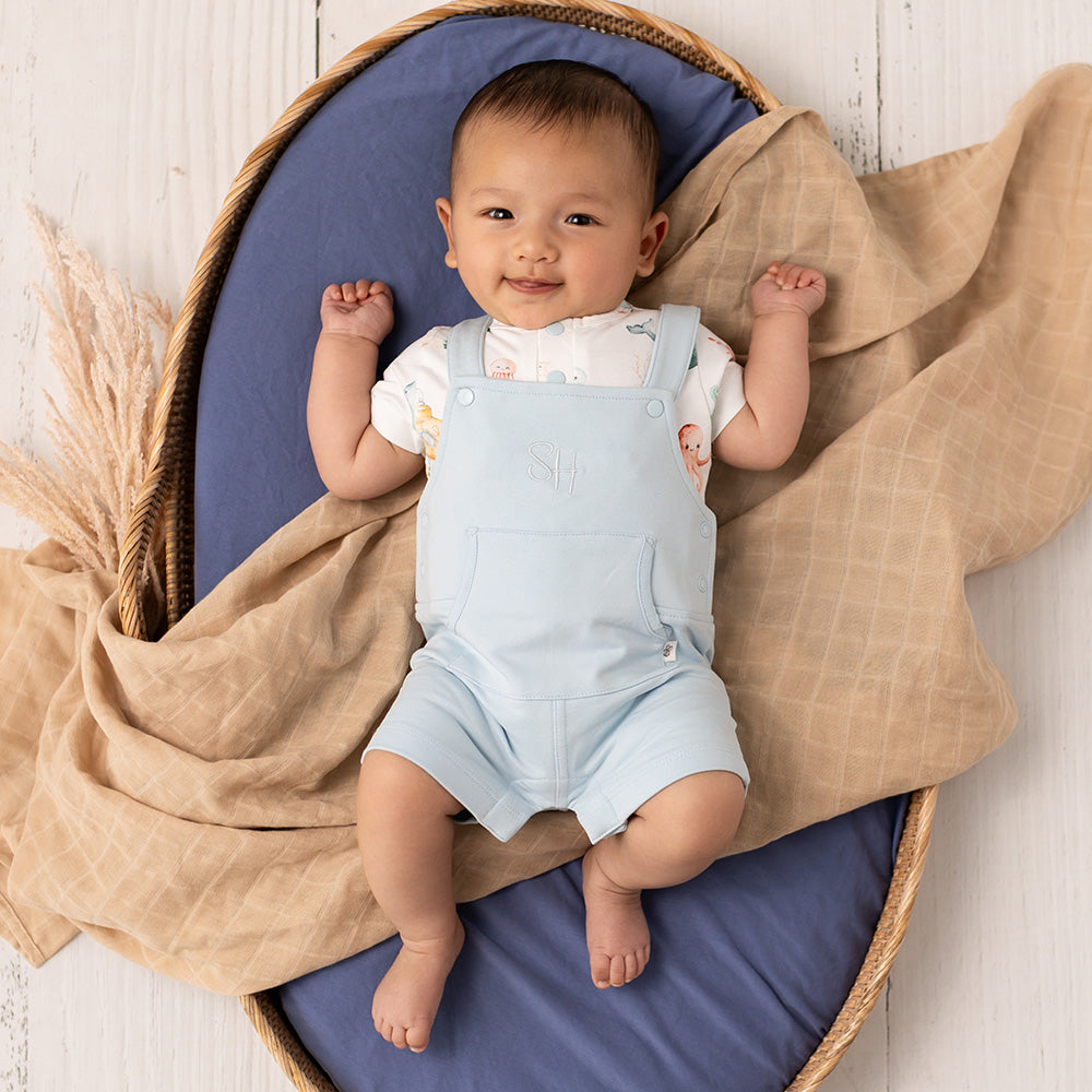 Baby Blue Organic Joey Overall Shorts - View 1