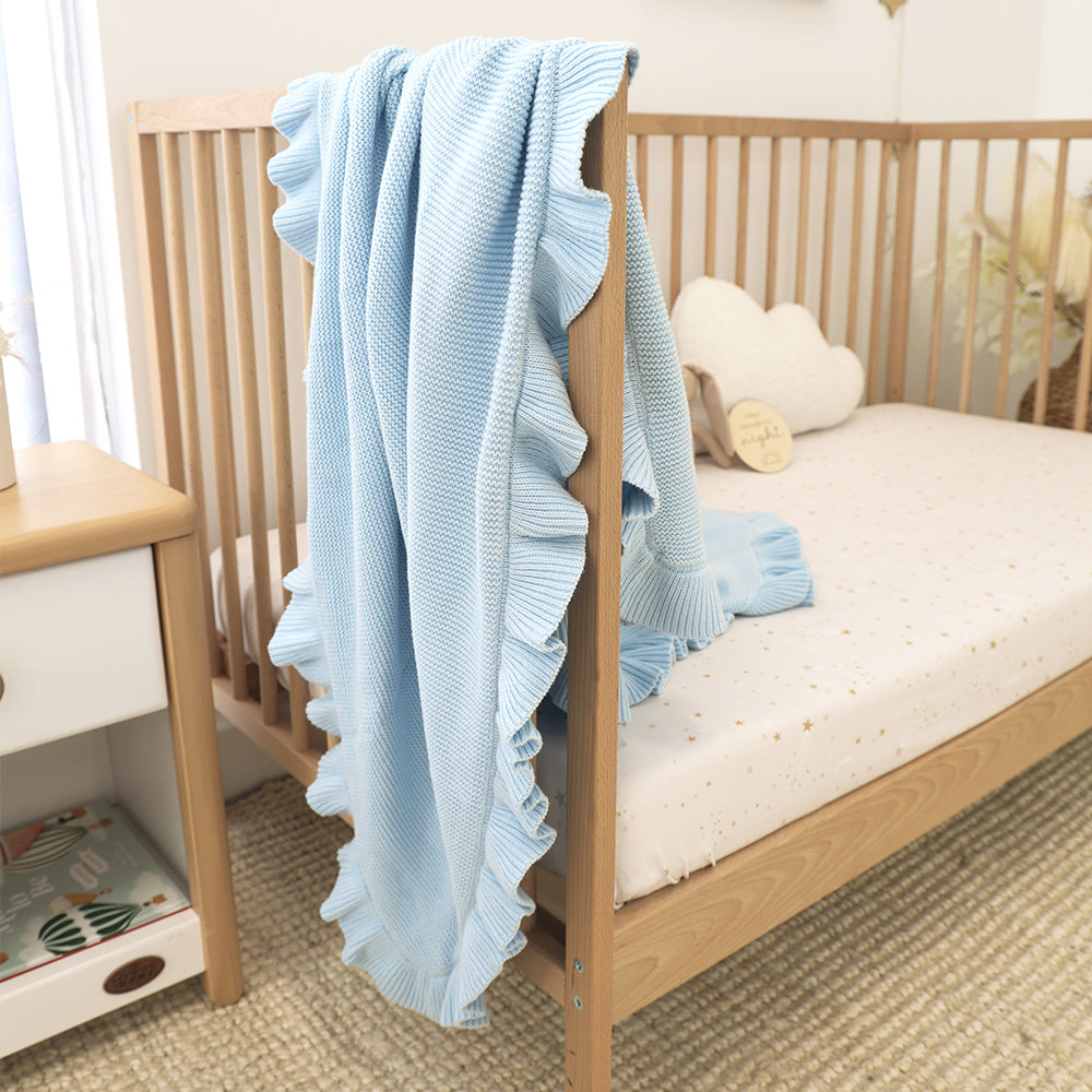 Baby Blue Ruffle Knit Organic Baby Blanket - View 4