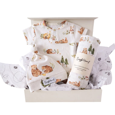 Snuggle Hunny Classic Bears gift hamper in a cream gift box with organic bodysuit, knotted beanie and print muslin wrap