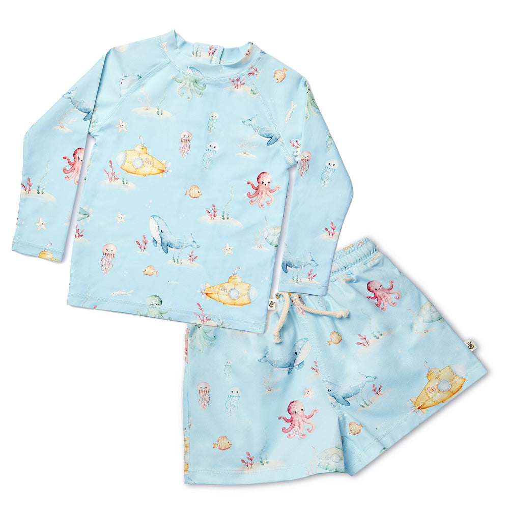 Bundle - Blue Little Subs Rashie Vest & Board Shorts - View 1