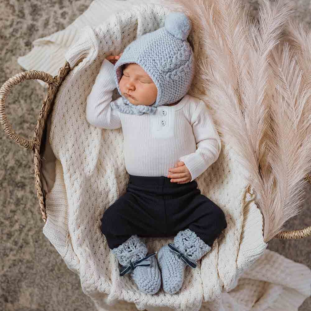 Blue Merino Wool Bonnet & Booties - View 1