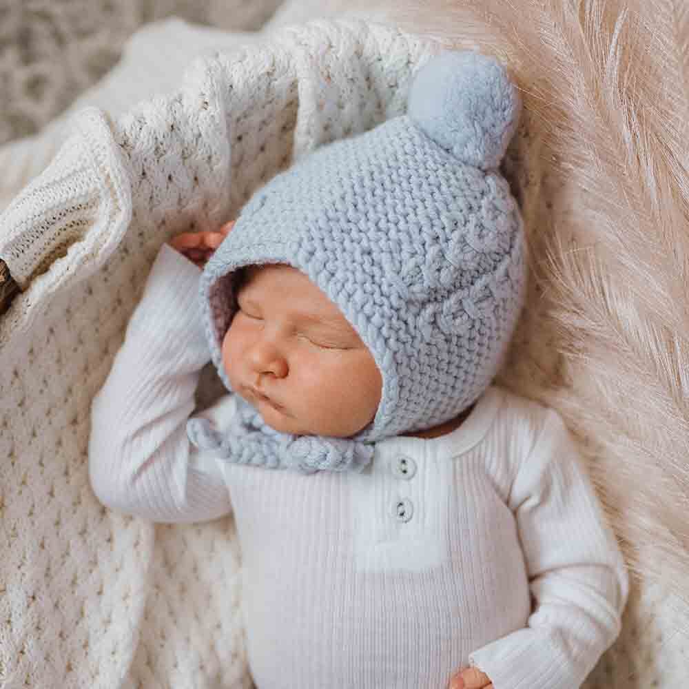 Blue Merino Wool Bonnet & Booties - View 4