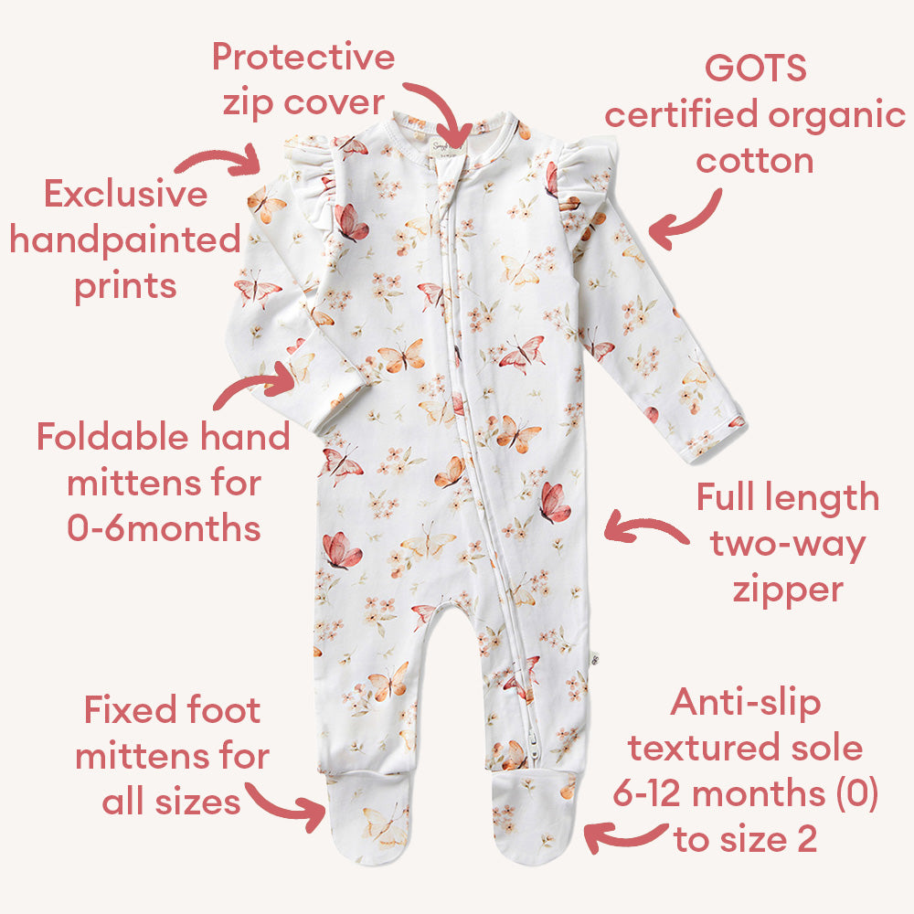 Butterfly Organic Snuggle Sleepsuit Zip Footie with Frill - View 4
