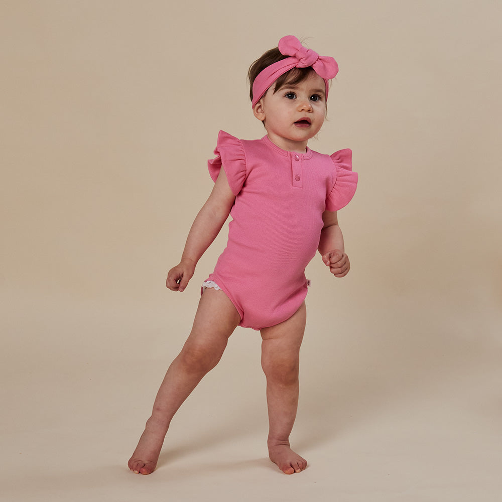 Candy Rib Short Sleeve Organic Bodysuit with Frill - View 9