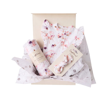 Snuggle Hunny Classic Carousel gift hamper in a cream gift box with organic frill bodysuit, topknot and print muslin wrap