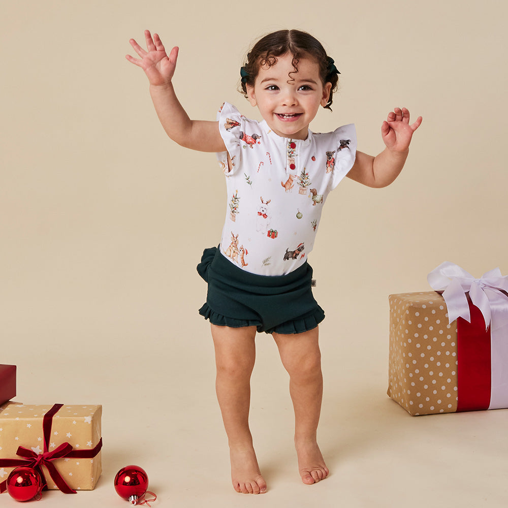 Christmas Pups Short Sleeve Organic Bodysuit with Frill - View 1