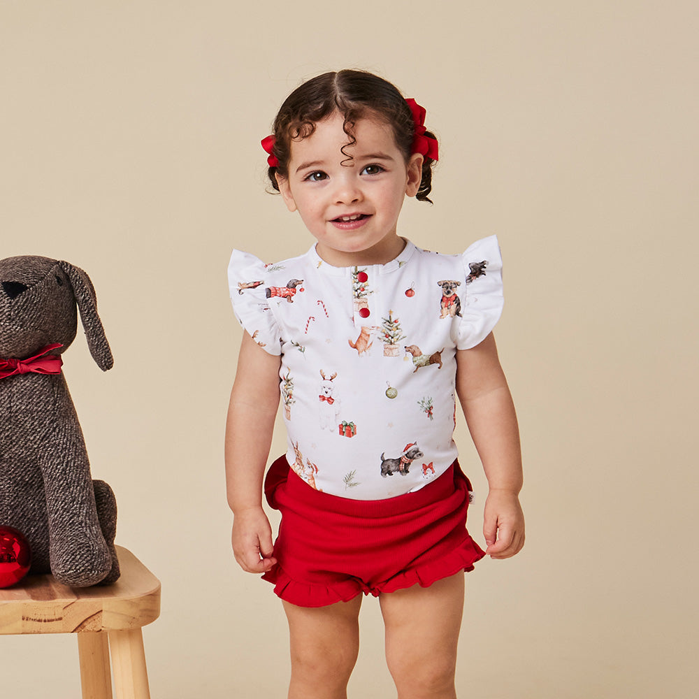 Christmas Pups Short Sleeve Organic Bodysuit with Frill - View 3