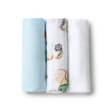 Small Organic Muslin Cloths 3 Pack - Milk/Dragon/Baby Blue | Snuggle Hunny
