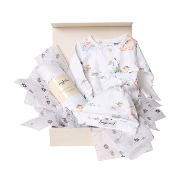 Snuggle Hunny Classic Duck Pond gift hamper in a cream gift box with organic bodysuit, knotted beanie and Duck Pond print muslin wrap