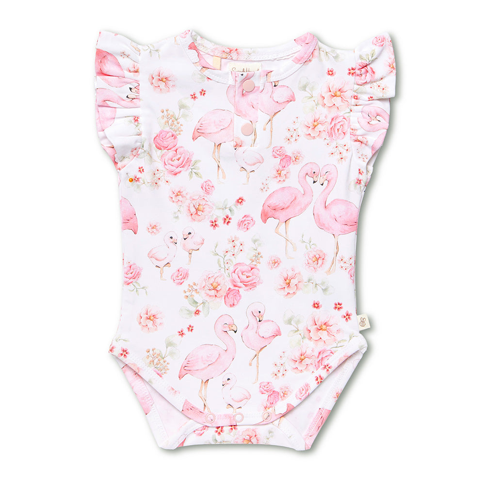 Flamingos Short Sleeve Organic Bodysuit with Frill - View 2