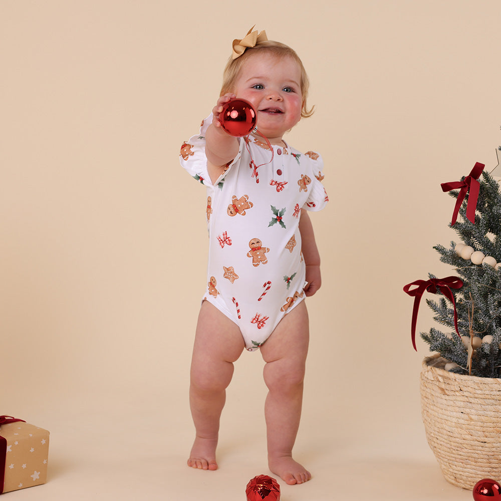 Gingerbread Short Sleeve Organic Bodysuit with Frill - View 8