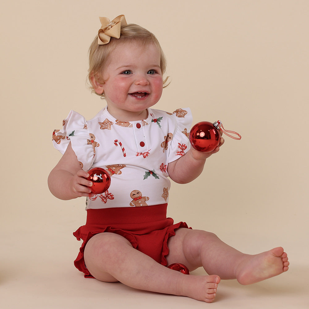 Gingerbread Short Sleeve Organic Bodysuit with Frill - View 10