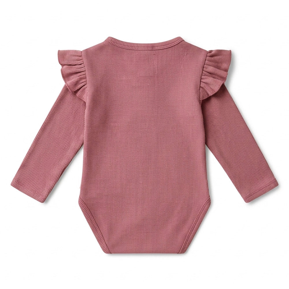 PREORDER: Jewel Pink Rib Long Sleeve Organic Bodysuit with Frill - View 5
