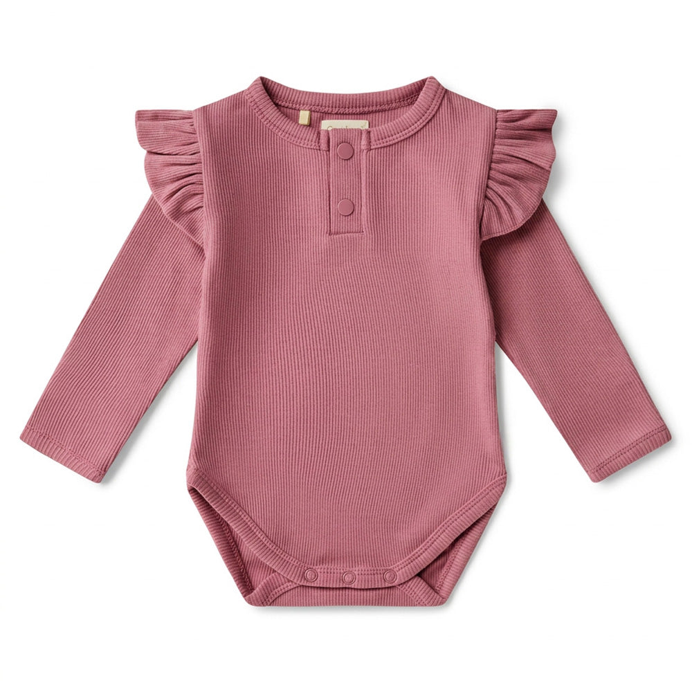 PREORDER: Jewel Pink Rib Long Sleeve Organic Bodysuit with Frill - View 2