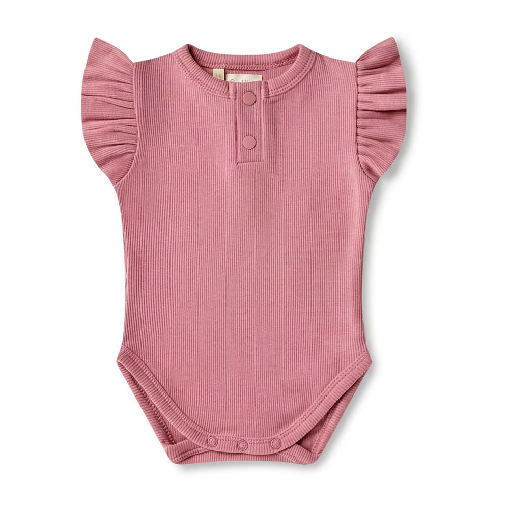 PREORDER: Jewel Pink Rib Short Sleeve Organic Bodysuit with Frill - View 2