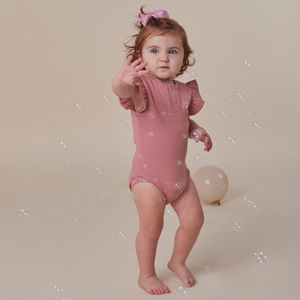 PREORDER: Jewel Pink Rib Short Sleeve Organic Bodysuit with Frill - View 3