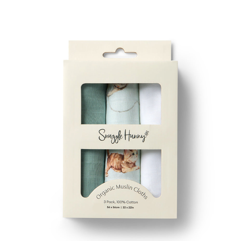Small Organic Muslin Cloths 3 Pack - Kittens/Sage/Milk - View 1