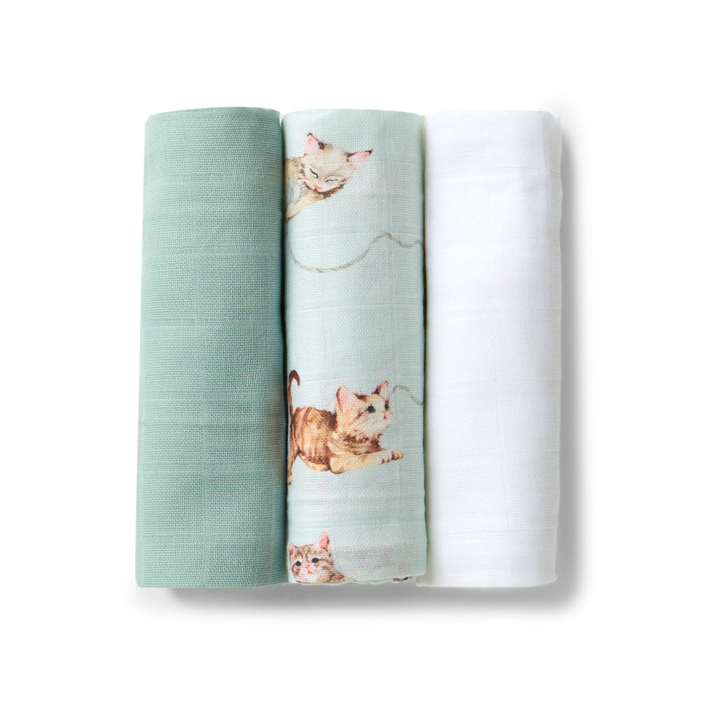 Small Organic Muslin Cloths 3 Pack - Kittens/Sage/Milk - View 2