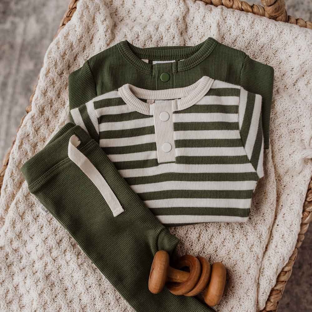 Olive Stripe Long Sleeve Organic Bodysuit - View 9