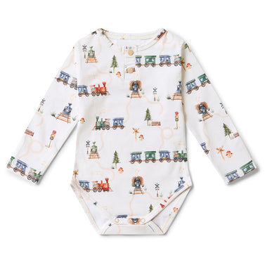 Trains Long Sleeve Organic Bodysuit | Snuggle Hunny