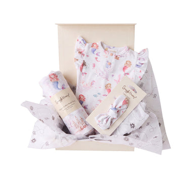 Snuggle Hunny Classic Mermaid gift hamper in a cream gift box with organic frill bodysuit, topknot and print muslin wrap