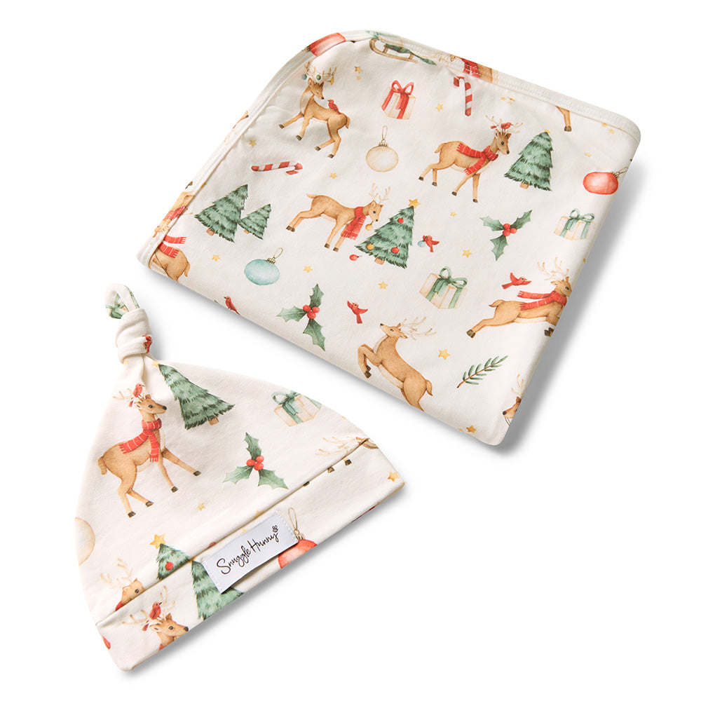 Prancer & Friends Organic Jersey Wrap & Beanie Set - View 2