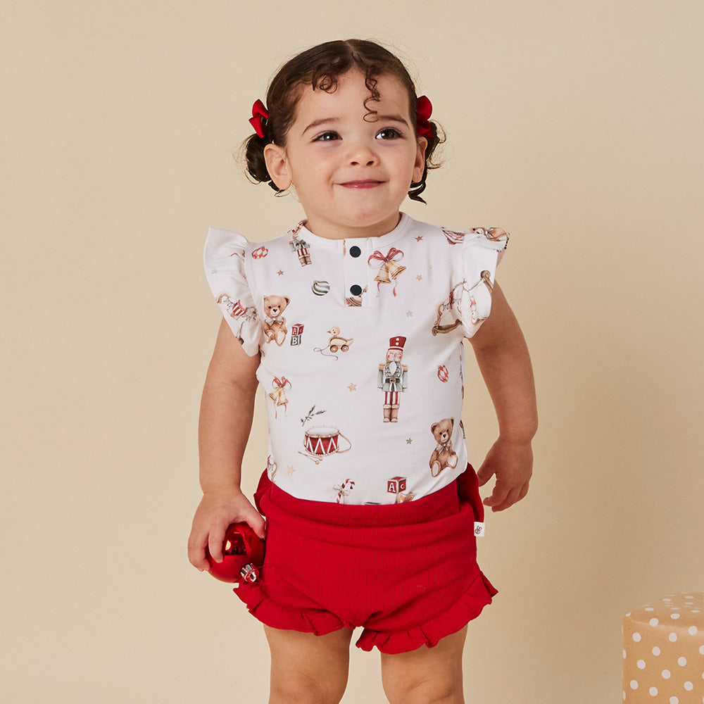 Santa's Toy Shop Short Sleeve Organic Bodysuit with Frill - View 1
