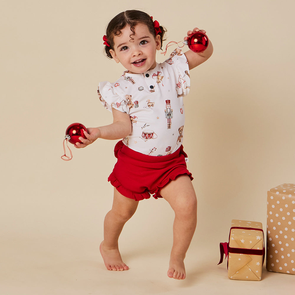 Santa's Toy Shop Short Sleeve Organic Bodysuit with Frill - View 3