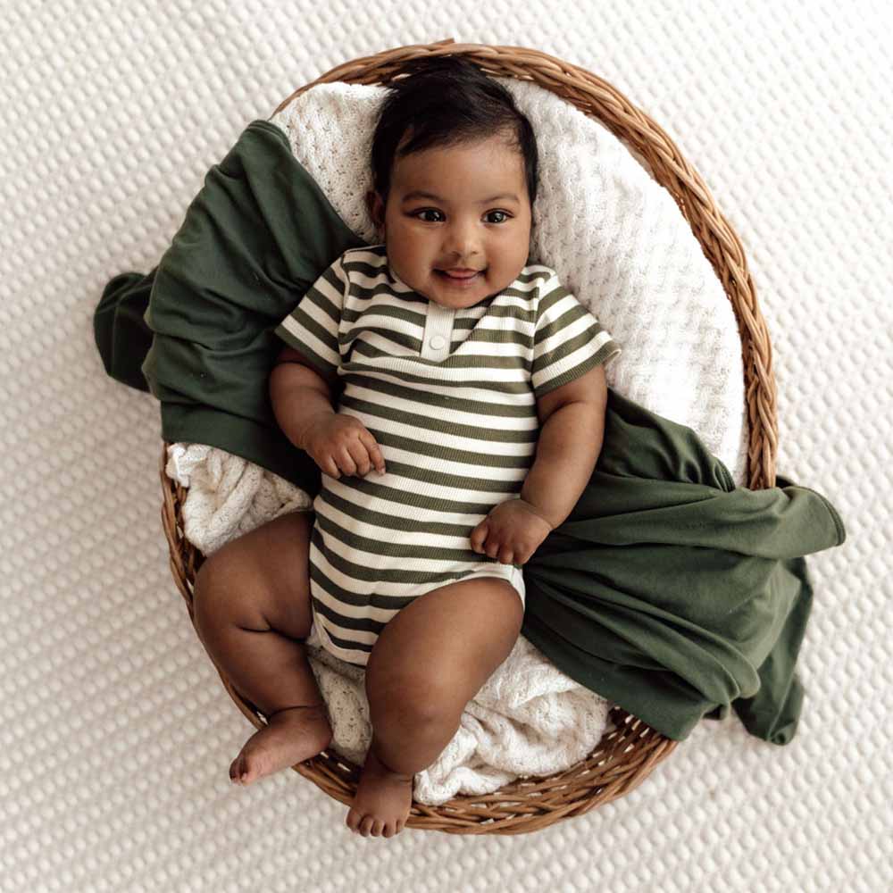 Olive Stripe Short Sleeve Organic Bodysuit - View 1