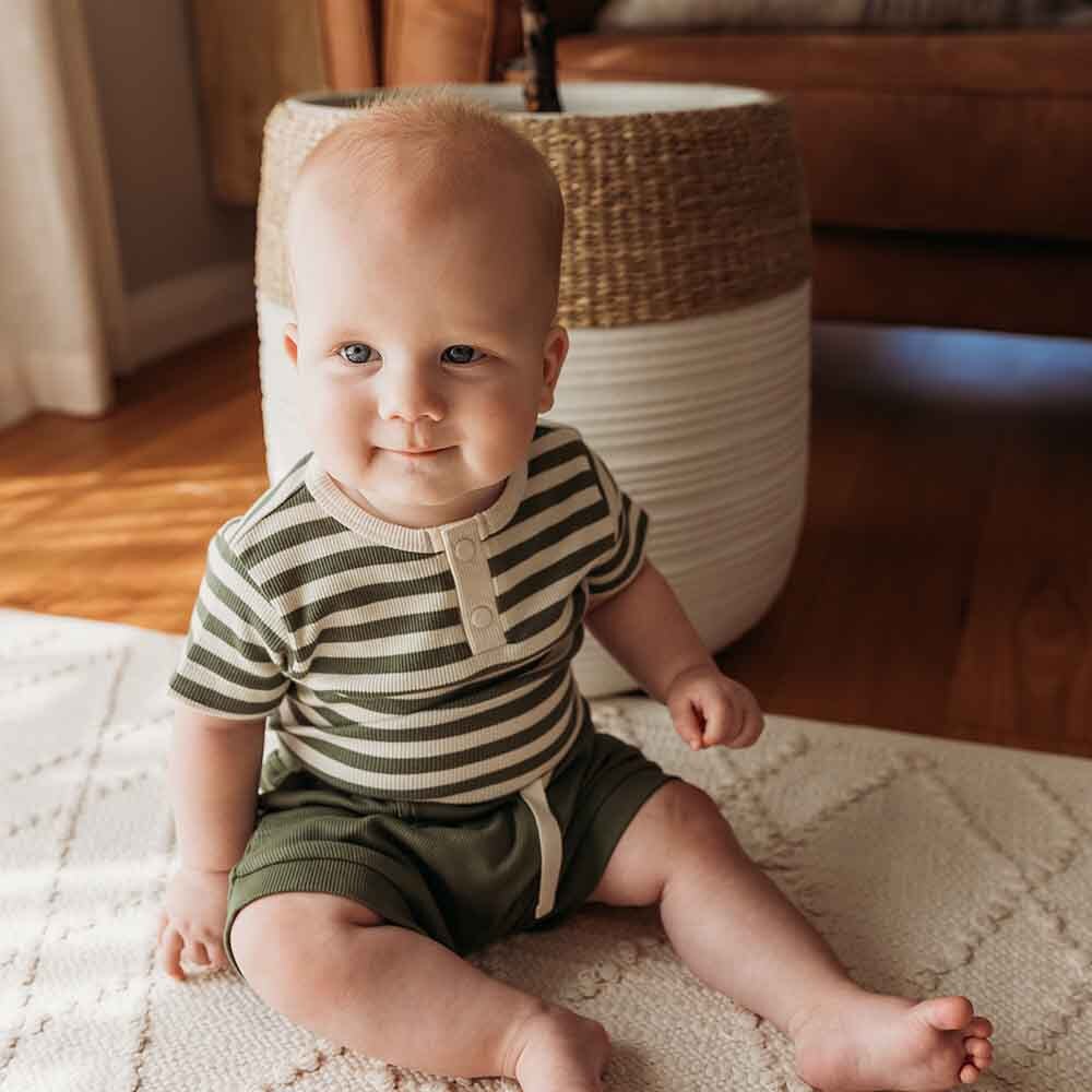 Olive Stripe Short Sleeve Organic Bodysuit - View 8