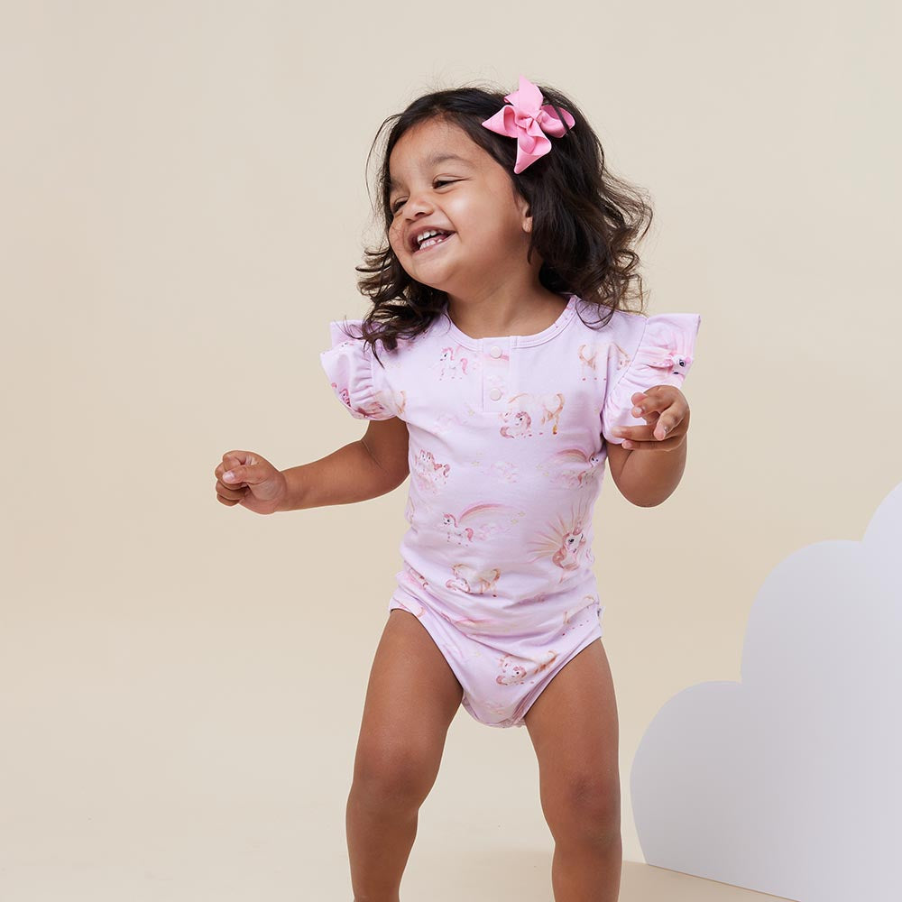 Unicorn Short Sleeve Organic Bodysuit with Frill - View 1