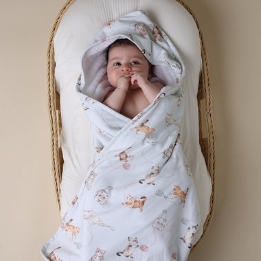 Baby wearing Kittens Organic Hooded Baby Towel | Snuggle Hunny