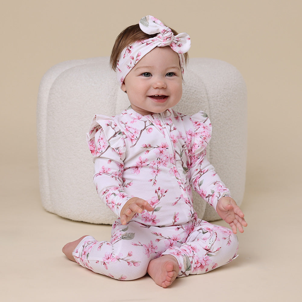 Cherry Blossom Organic Snugglesuit Convertible Romper with Frill - View 4