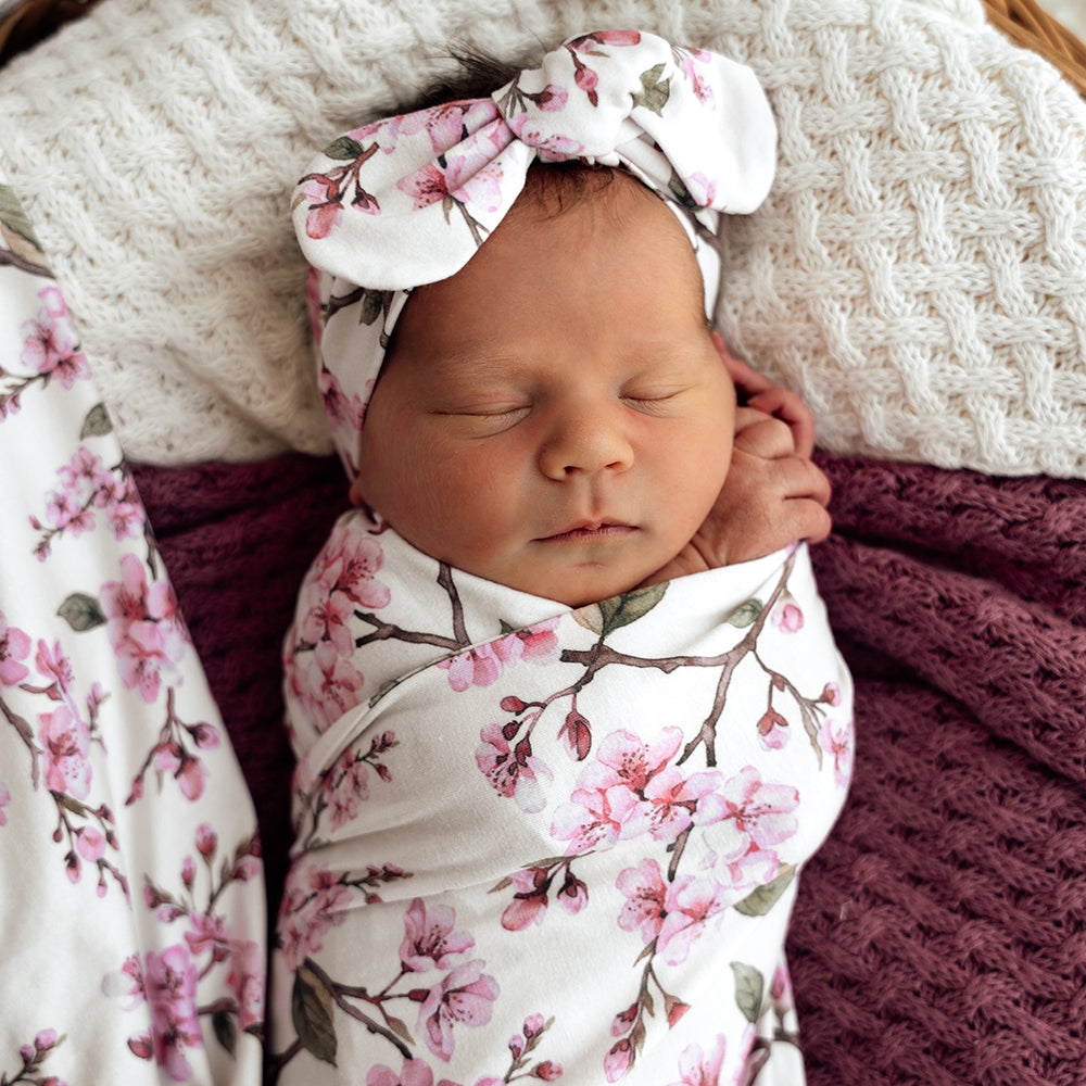 Cherry Blossom Organic Jersey Wrap & Topknot Set - View 6