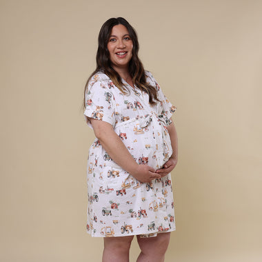 Woman wearing Diggers & Tractors Organic Maternity Robe | Snuggle Hunny