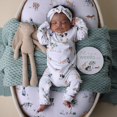 Baby wearing Dog Park Organic Growsuit | Snuggle Hunny