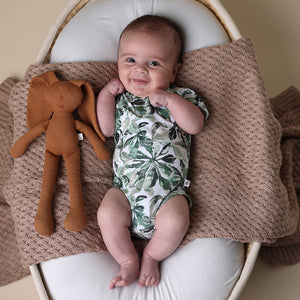 Baby wearing Evergreen Short Sleeve Organic Bodysuit | Snuggle Hunny