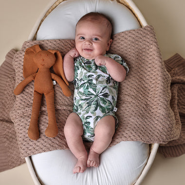 Baby wearing Evergreen Short Sleeve Organic Bodysuit | Snuggle Hunny