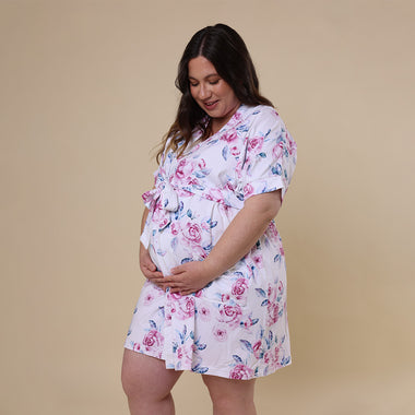 Woman wearing Lilac Skies Organic Maternity Robe | Snuggle Hunny