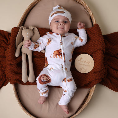 Baby wearing Lion Organic Snugglesuit Convertible Romper | Snuggle Hunny