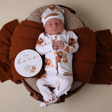Baby wearing Lion Organic Snuggle Sleepsuit Zip Footie | Snuggle Hunny