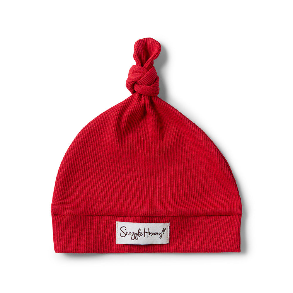 Red Ribbed Organic Knotted Beanie - View 2