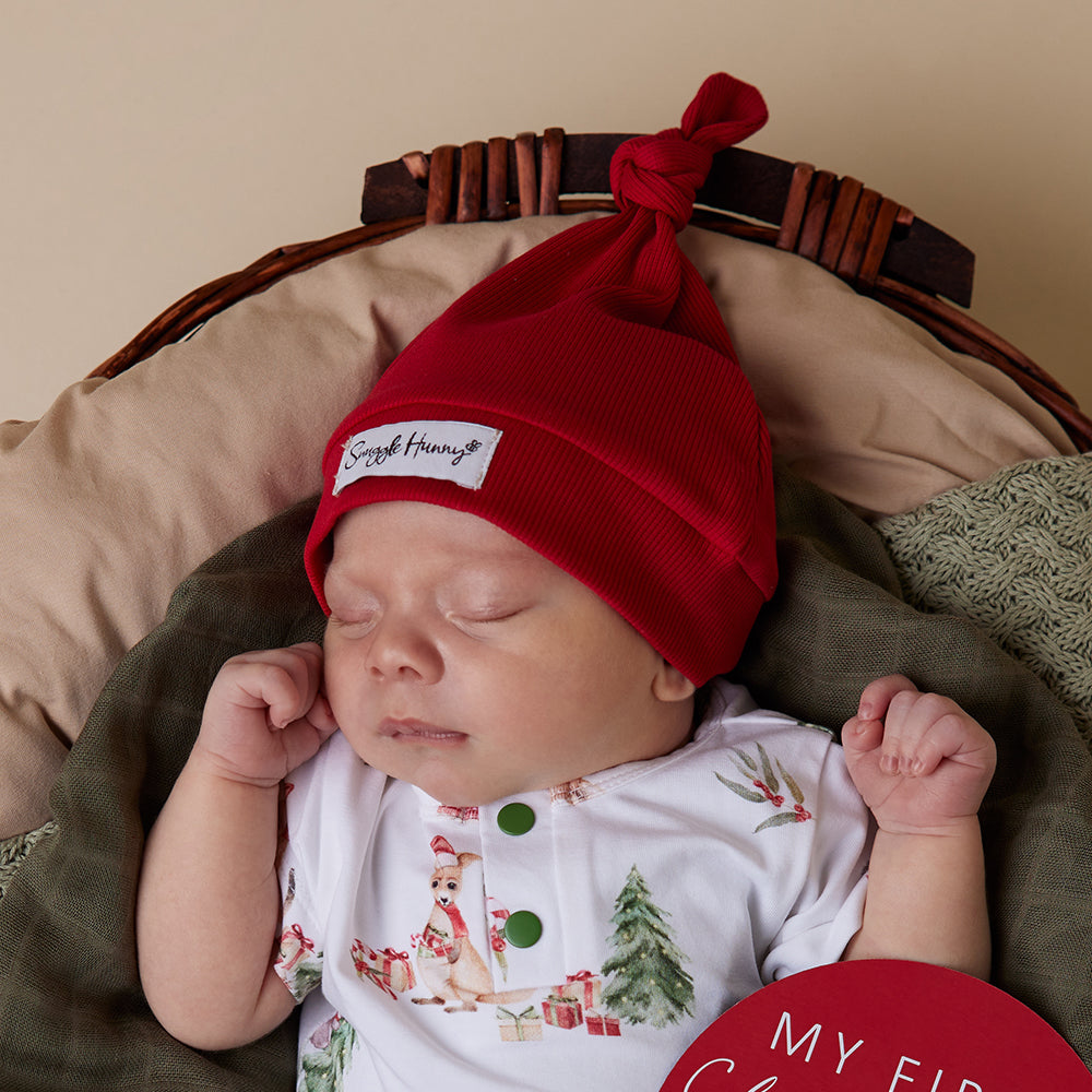 Red Ribbed Organic Knotted Beanie - View 4