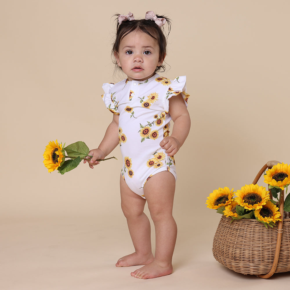 Sunflower Short Sleeve Organic Bodysuit with Frill - View 3